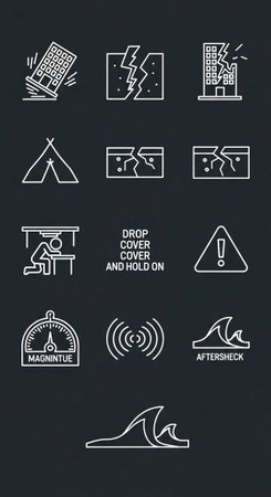 A graphic illustration of earthquake safety symbols and icons on a dark backgroundの写真素材