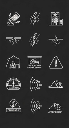 A collection of earthquake warning signs and symbols on a dark backgroundの写真素材