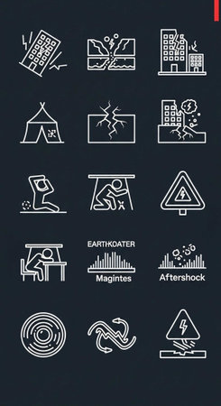 A collection of white earthquake icons on a dark background for disaster awarenessの写真素材