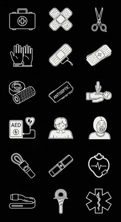 A collection of medical icons and symbols on a black background for healthcare designの写真素材