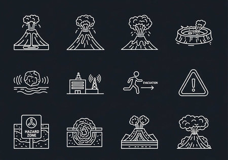 A collection of white line icons depicting volcanic eruptions and hazard warnings on a dark backgroundの写真素材