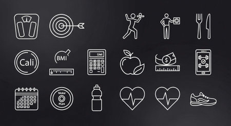 A collection of white line icons related to health, fitness, and wellness on a black backgroundの写真素材