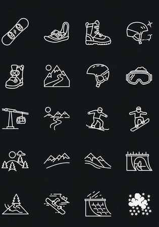 A collection of white line icons depicting various winter sports and activities on a black backgroundの写真素材