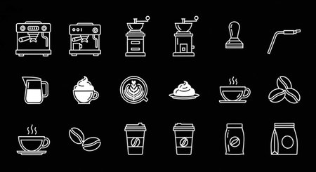 A collection of white coffee icons on a black background for design purposesの写真素材