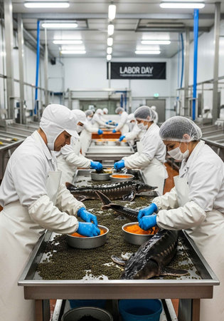 Workers in a factory processing fish on Labor Dayの写真素材