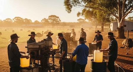 Men in cowboy hats working together on a farm during sunsetの写真素材