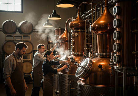 Distillers working in a modern distillery with copper stills and barrelsの写真素材
