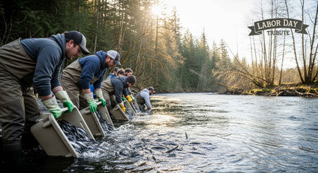 Men releasing fish into a river on a sunny day in a forestの写真素材