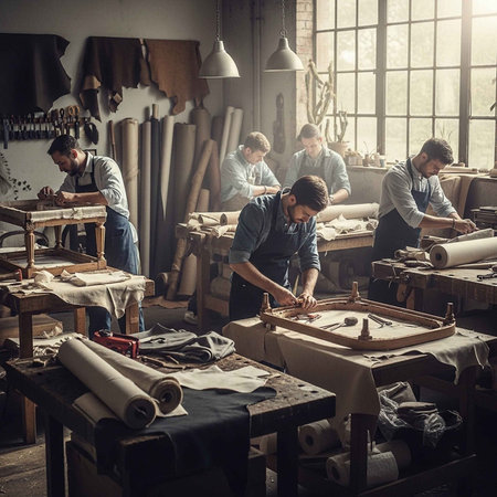 Men working in a leather workshop with various tools and materials around themの写真素材