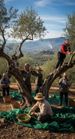Men harvesting olives from a tree in a scenic countryside landscapeの写真素材