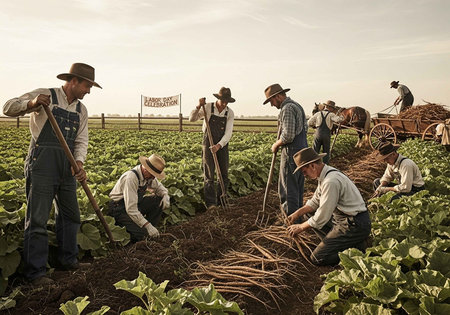 Farmers working together in a field harvesting crops with traditional farming tools and techniquesの写真素材