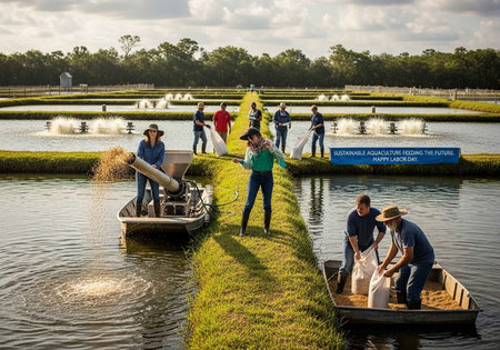 People in boats and on grassy banks working togetherの写真素材
