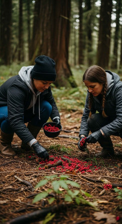 Two people collecting red berries in a forest with trees and greenery around themの写真素材