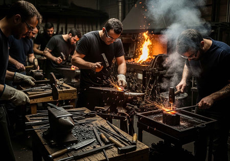 A group of skilled craftsmen working together in a bustling blacksmithing workshop with sparks flyingの写真素材