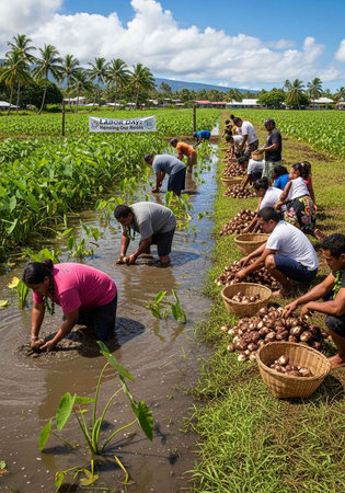 People working together in a field harvesting potatoes on a sunny day outdoorsの写真素材