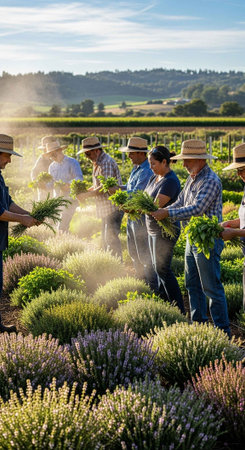 Farmers harvesting lavender in a picturesque field on a sunny day outdoorsの写真素材