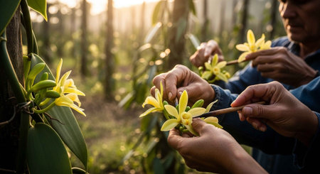 People pollinating vanilla flowers in a lush tropical plantation at sunriseの写真素材