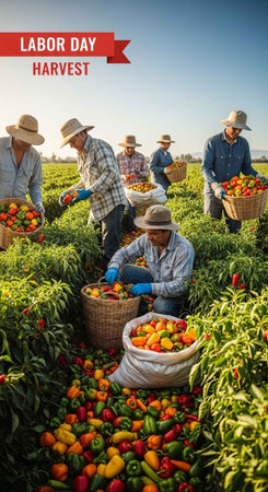 Farmers harvesting colorful peppers in a lush field on a sunny day outdoorsの写真素材