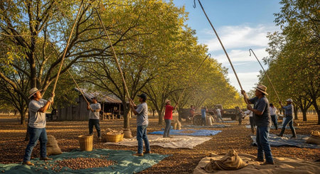 Men harvesting nuts in an orchard on a sunny day with trees and blue skyの写真素材