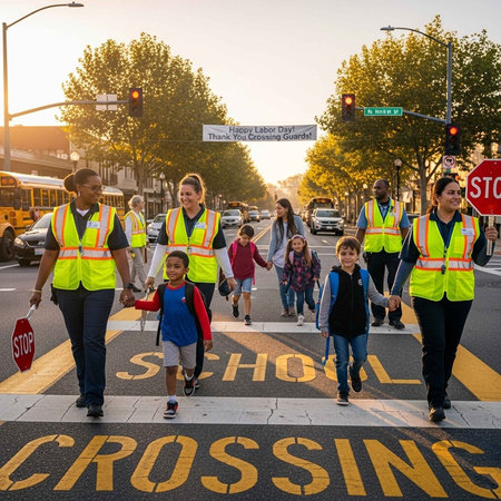 Crossing guards helping children cross the street on a sunny dayの写真素材