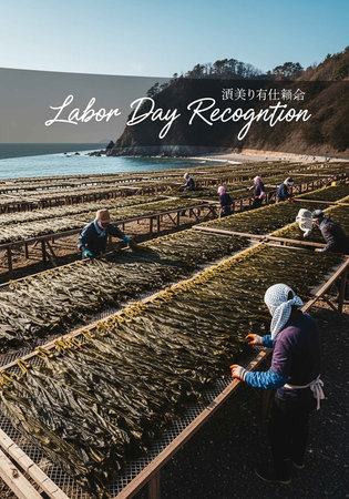 Workers drying fish on racks by the ocean on a sunny dayの写真素材