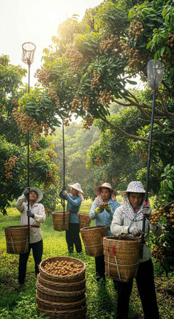 Farmers harvesting fruit in a lush orchard on a sunny day with basketsの写真素材