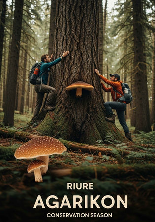 Two hikers in a forest discovering a large mushroom growing at the base of a treeの写真素材
