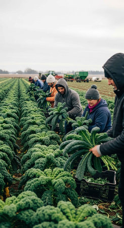 Farmers harvesting fresh broccoli in a lush green field on a cloudy dayの写真素材