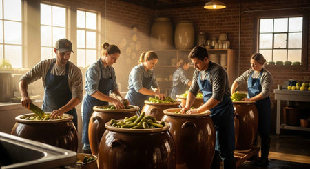 A group of people working together in a kitchen preparing food in large potsの写真素材