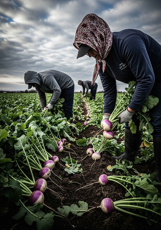 Farmers harvesting turnips in a field on a cloudy day with gloomy weatherの写真素材