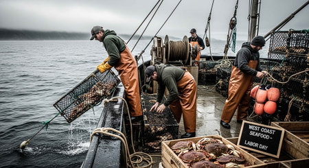 Men in orange waders working on a boat with crab traps and seafoodの写真素材