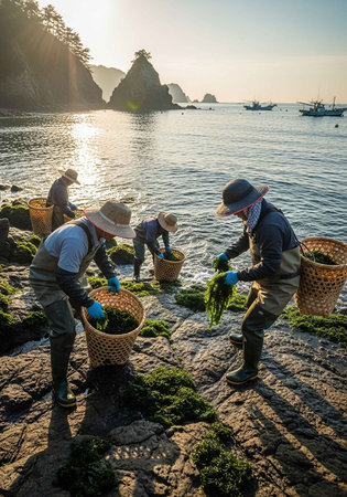 People collecting seaweed on a rocky coastline during a serene sunsetの写真素材
