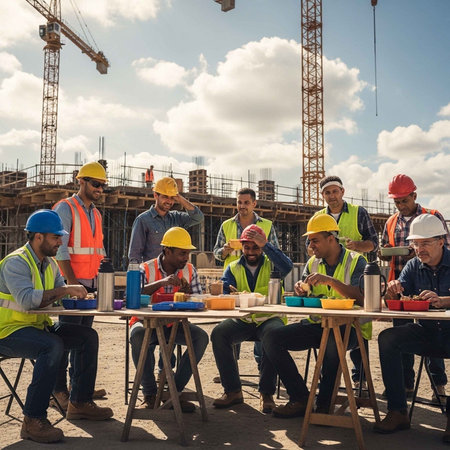 Construction workers taking a break and eating lunch on a building site outdoorsの写真素材