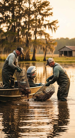 Two men in a boat on a lake setting fishing nets at sunsetの写真素材