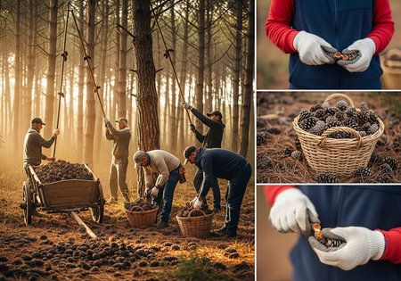 People collecting pinecones in a forest with baskets and a cartの写真素材