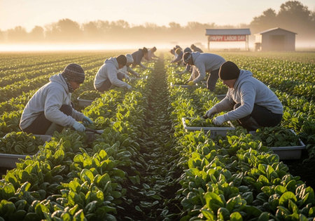 Farmers working in a lush green field during early morning sunriseの写真素材