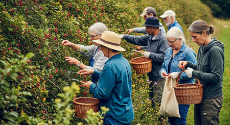 A group of people picking berries in a lush green field on a sunny dayの写真素材