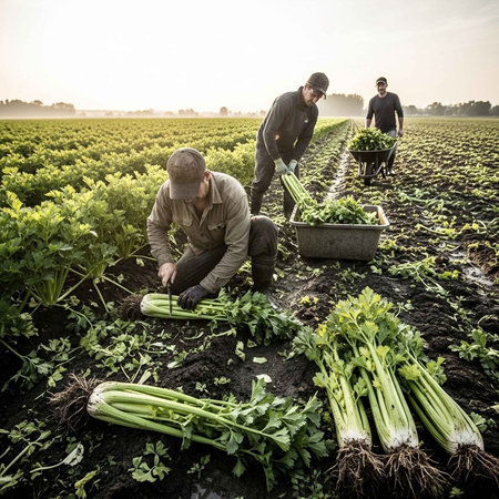 Farmers harvesting fresh celery in a vast field on a sunny day outdoorsの写真素材