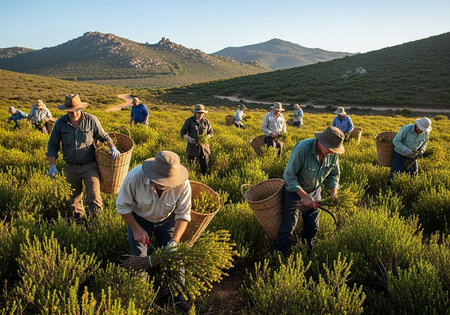 Farmers harvesting crops in a lush green field with mountains in the backgroundの写真素材