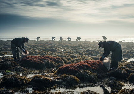 People collecting seaweed on a rocky beach during low tide with cloudy skiesの写真素材