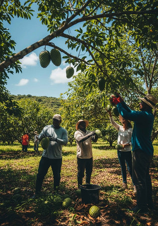 A group of people harvesting fruit from a tree in a lush green orchardの写真素材