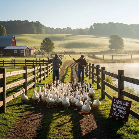 Two men herding geese on a farm with a sign honoring Labor Dayの写真素材