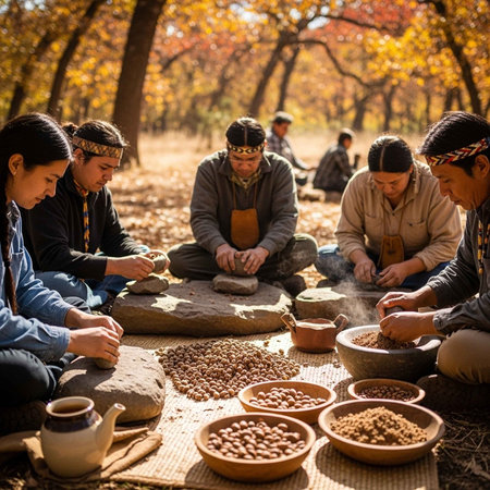 A group of people sitting in a circle, grinding grains in an outdoor settingの写真素材