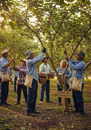 A group of people harvesting fruit from trees on Labour Dayの写真素材