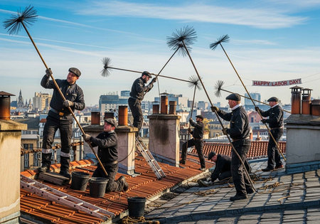Chimney sweeps working on a rooftop with a city skyline in the backgroundの写真素材