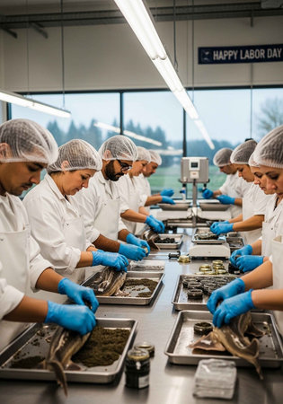Workers in a food processing plant preparing fish for packaging and distributionの写真素材