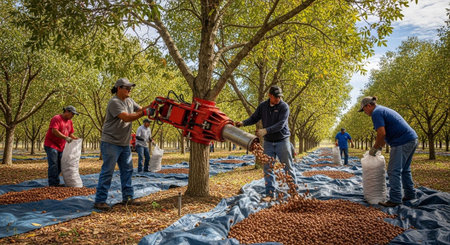 Men working together to harvest pecans in an orchard with a mechanical shakerの写真素材