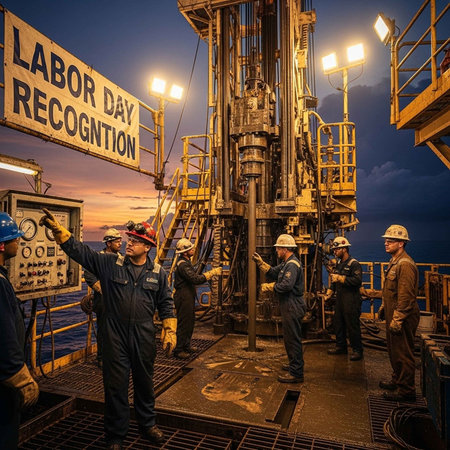 A group of workers in hard hats standing around an oil rig at duskの写真素材