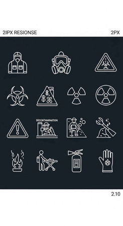 A collection of white line icons on a black background depicting various hazard warnings, safety equipment, and emergency response symbols.の写真素材