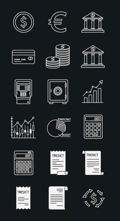 A collection of white financial icons on a black background, including money, banking, and business symbols.の写真素材